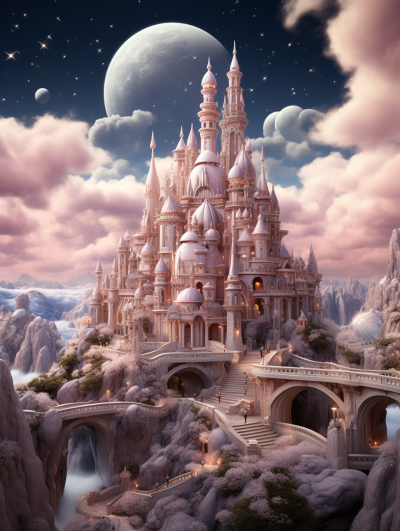 A majestic fantasy castle bathed in the soft glow of moonlight and surrounded by a dreamy landscape, featuring intricate spires, glowing windows, and stone bridges leading to its entrance, set against an ethereal sky with stars twinkling above.