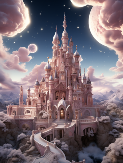 A fairytale castle in the sky, surrounded by clouds and stars, with a dreamy pink color scheme. The walls of the palace have spires that reach into the heavens, while marble bridges connect to it from below. A majestic moon hangs high above, casting its silver glow on everything around. This scene is rendered in digital art style, capturing every detail of architecture and surrounding environment. It's an enchanting masterpiece, showcasing a magical world filled with fantasy., focus on face