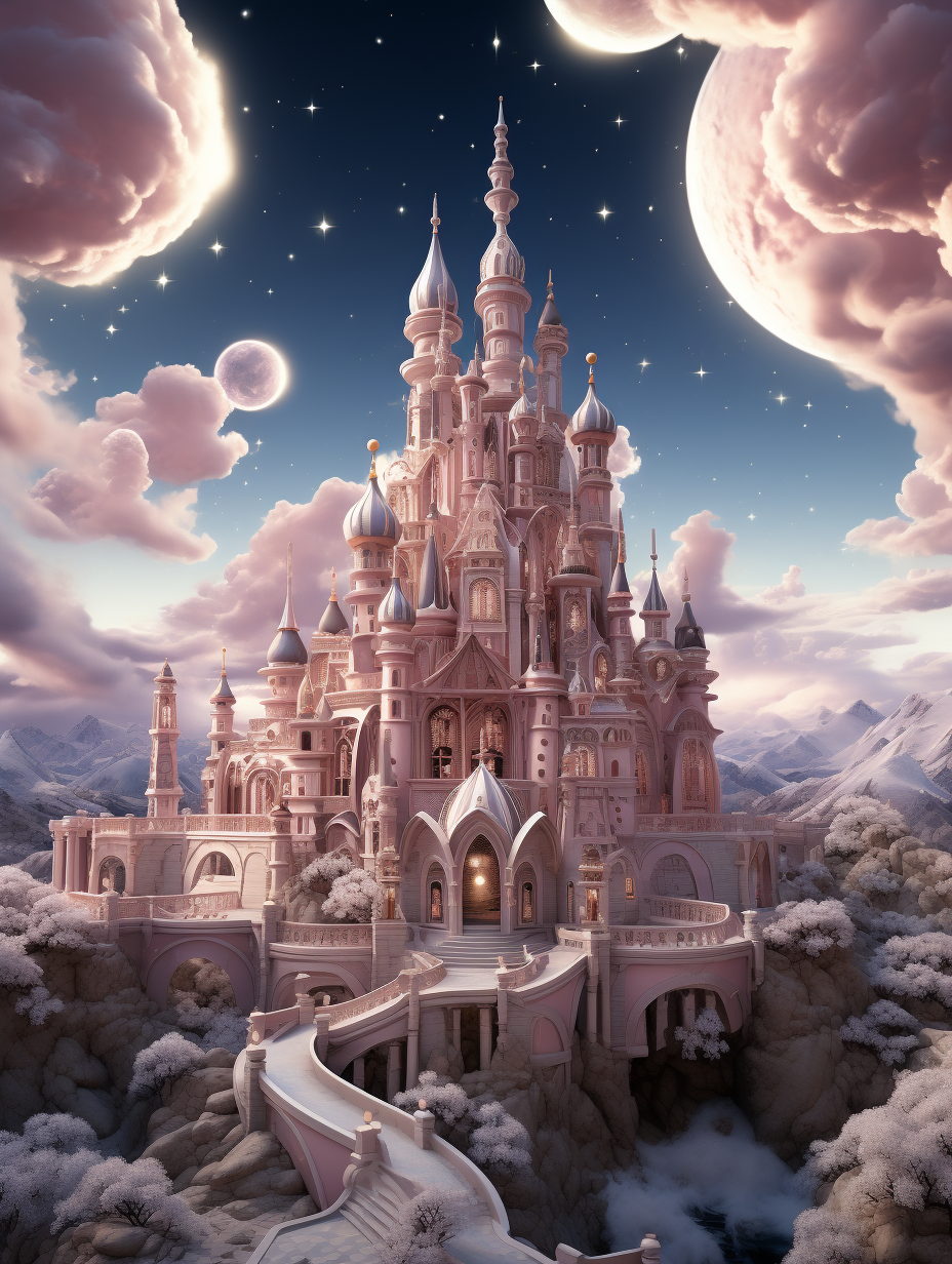 A fairytale castle in the sky, surrounded by clouds and stars, with a dreamy pink color scheme. The walls of the palace have spires that reach into the heavens, while marble bridges connect to it from below. A majestic moon hangs high above, casting its silver glow on everything around. This scene is rendered in digital art style, capturing every detail of architecture and surrounding environment. It’s an enchanting masterpiece, showcasing a magical world filled with fantasy., focus on face