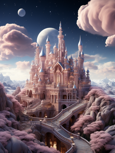 A grand fairytale castle nestled in the heart of an enchanted kingdom under moonlit skies. A digital art piece in the style of Pixar, Disney and [Studio Ghibli](https://goo.gl/search?artist%20Studio%20Ghibli) with a pink color scheme that is highly detailed and hyper realistic in the style of [Tim Burton](https://goo.gl/search?artist%20Tim%20Burton).