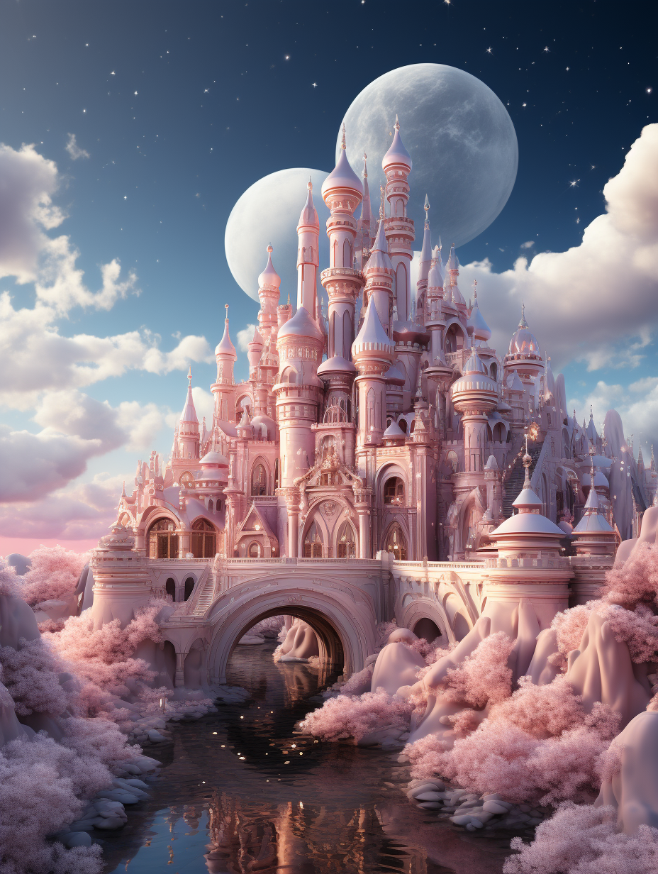 A whimsical pink castle with turrets and bridges, surrounded by clouds of cotton candy. The scene is set under two moons in the sky – one large and full moon and another smaller, pastel colored crescent moon. A river flows through front, reflecting the dreamy landscape. The artwork has high resolution, detail, sharp focus, and quality, showing intricate details of the landscape in the style of a studio photo.