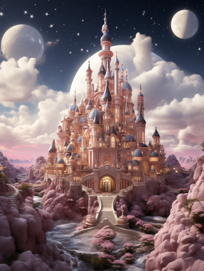 A fairytale castle in the sky, surrounded by pink clouds and moonlit water, with silver spires and turrets made of rose gold, surrounded by blooming cherry trees and white rock formations, inspired in the style of [Studio Ghibli](https://goo.gl/search?artist%20Studio%20Ghibli)'s vibrant colors and detailed architecture, fantasy illustration, digital art, high resolution.