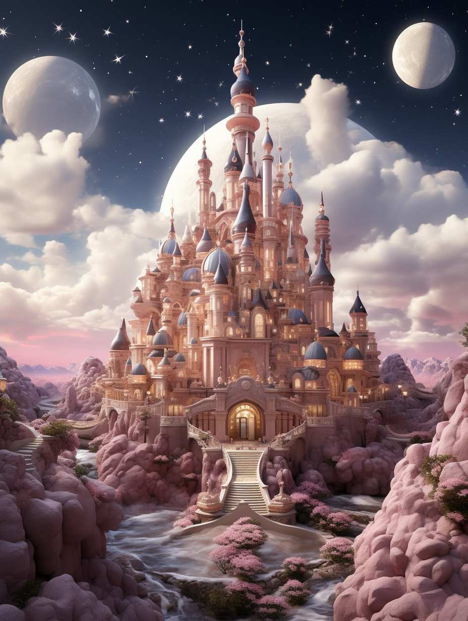 A fairytale castle in the sky, surrounded by pink clouds and moonlit water, with silver spires and turrets made of rose gold, surrounded by blooming cherry trees and white rock formations, inspired in the style of [Studio Ghibli](https://goo.gl/search?artist%20Studio%20Ghibli)’s vibrant colors and detailed architecture, fantasy illustration, digital art, high resolution.