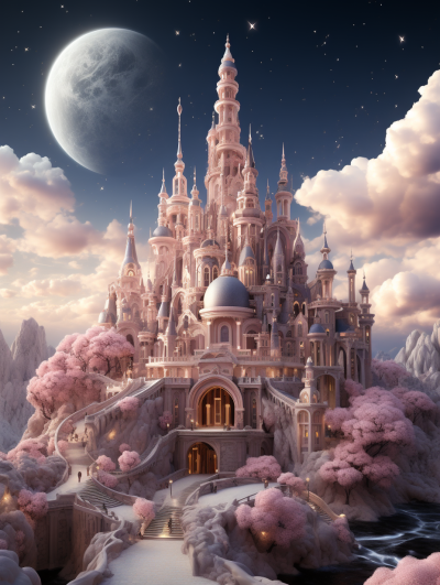 3D render of a magical fantasy fairytale castle, with a pastel pink and beige color palette. In the background is a moonlit sky with clouds. Some peach trees are around the castle. Rendered in the style of hyper realistic and super detailed art.