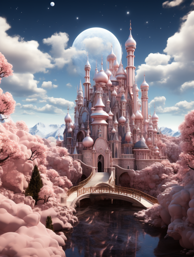 a beautiful pink fairytale castle with large moon in the sky, surrounded by cherry blossom trees and water, bridge over small river leading to entrance of palace, hyper realistic, high resolution, high detail,