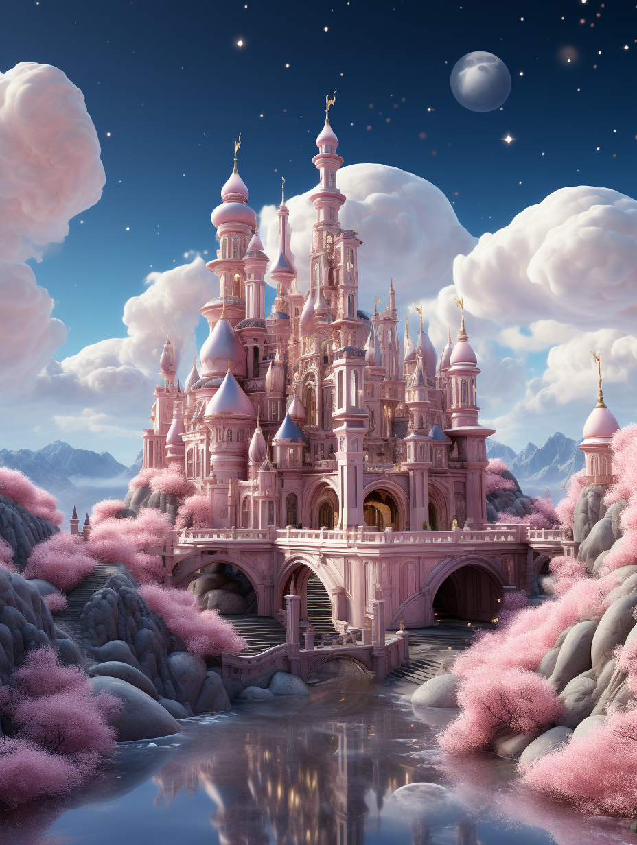 3D render of a cartoon pink fairytale castle in the sky, surrounded by clouds and cherry blossoms, fantasy landscape, detailed illustration in the style of [Artgerm](https://goo.gl/search?artist%20Artgerm) and [Greg Rutkowski](https://goo.gl/search?artist%20Greg%20Rutkowski) and [WLOP](https://goo.gl/search?artist%20WLOP) and [Tibor Nagy](https://goo.gl/search?artist%20Tibor%20Nagy) and [Loish](https://goo.gl/search?artist%20Loish) and [Alphonse Mucha](https://goo.gl/search?artist%20Alphonse%20Mucha), cinematic lighting, high contrast, vibrant colors, pastel palette, reflections, global illumination, intricate details, hyperrealistic, octane rendering, bokeh, HDR.