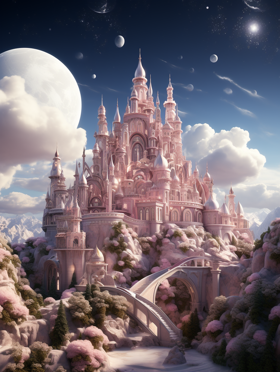 A pink and white castle in the sky, surrounded by clouds, moonlight shining on it, a bridge leading to its entrance, trees growing around it, a huge building with many spires standing tall, surrounded by other planets in space. The overall color tone is soft pink, creating an atmosphere of fantasy and romance. It features dreamy illustrations, complex details, and exquisite details, high definition images, and a magnificent panoramic view. High resolution, bright colors, and a sense of mystery. in the style of fantasy and romance.