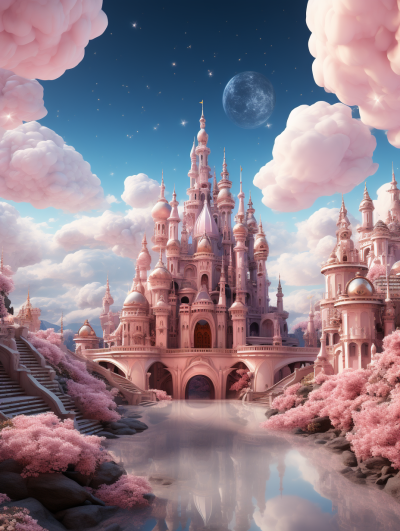 A pink fairytale castle surrounded by clouds, with a river flowing in front of it and trees blooming on the ground. The sky is blue, and there's an crescent moon hanging above the palace. It has a European style design, fantasy style, high definition, super detailed, exquisite details, wideangle lens, dreamy atmosphere, pink tones, soft lighting, and soft shadows.,,in