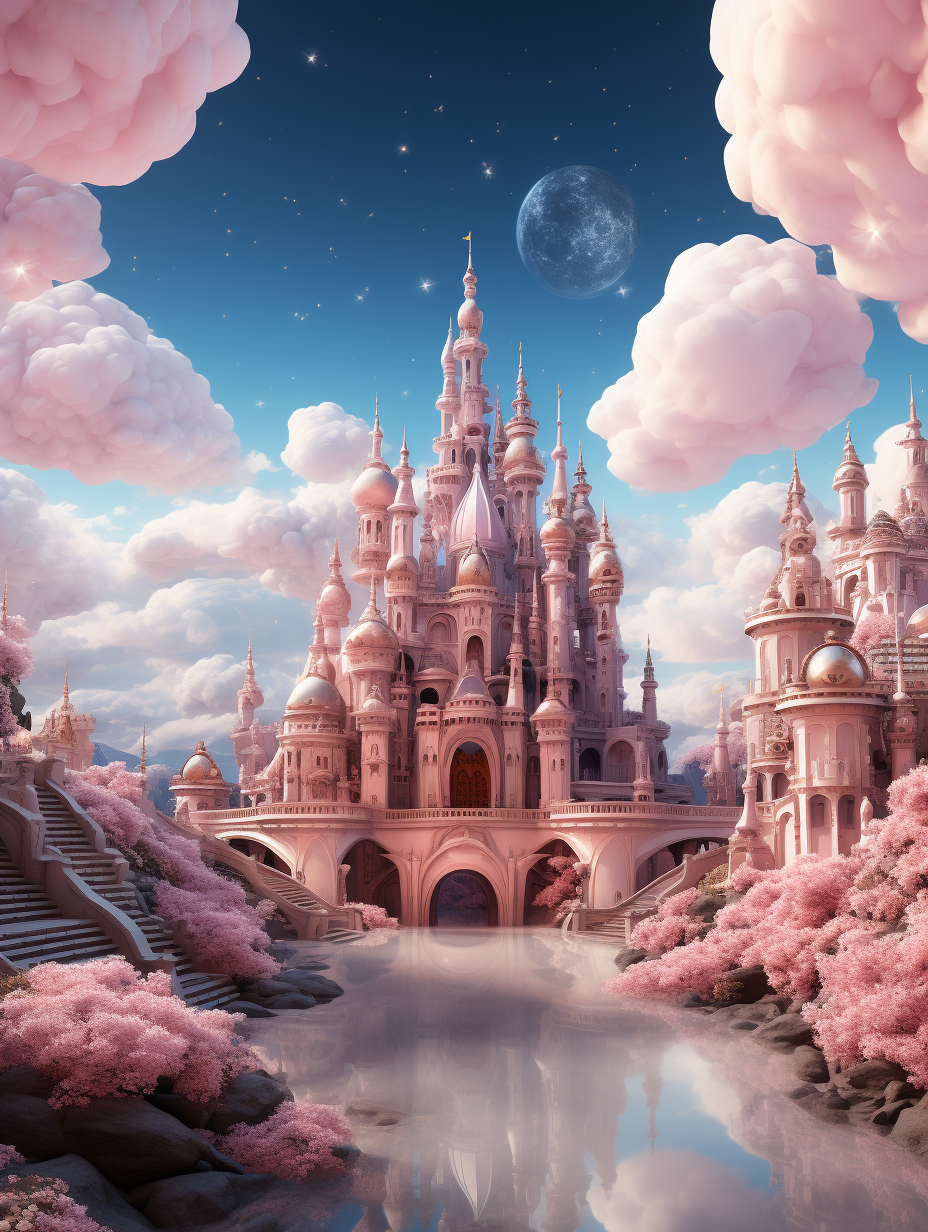 A pink fairytale castle surrounded by clouds, with a river flowing in front of it and trees blooming on the ground. The sky is blue, and there’s an crescent moon hanging above the palace. It has a European style design, fantasy style, high definition, super detailed, exquisite details, wideangle lens, dreamy atmosphere, pink tones, soft lighting, and soft shadows.,,in