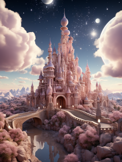 A grand, whimsical castle nestled in the heart of an enchanted kingdom under a starlit sky. Focusing on the face, in the style of illustration, with a pink and light brown theme, including detailed background elements, soft lighting, and a dreamy atmosphere in the style of magical realism with high resolution and sharp details.