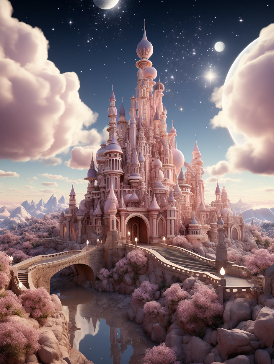 A grand, whimsical castle nestled in the heart of an enchanted kingdom under a starlit sky. Focusing on the face, in the style of illustration, with a pink and light brown theme, including detailed background elements, soft lighting, and a dreamy atmosphere in the style of magical realism with high resolution and sharp details.