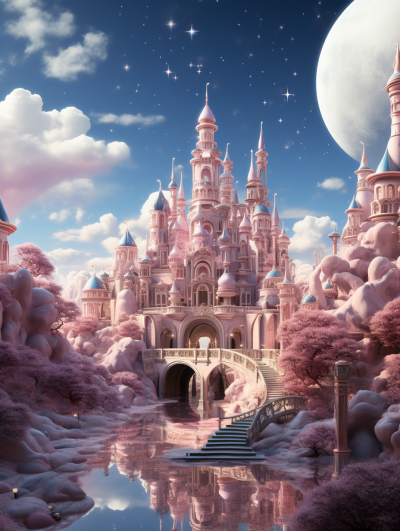 3D digital illustration of an enchanting pink fairytale castle surrounded by soft clouds and shimmering water, with a silver moon in the sky creating a dreamy atmosphere. Magical elements and sparkling stars create a fantasy landscape with vibrant pastel colors in the style of a dreamlike illustration. The high resolution, high quality image has high detail and sharp focus like a studio photo, showing intricate details in a highly detailed and hyperrealistic style with high realism.