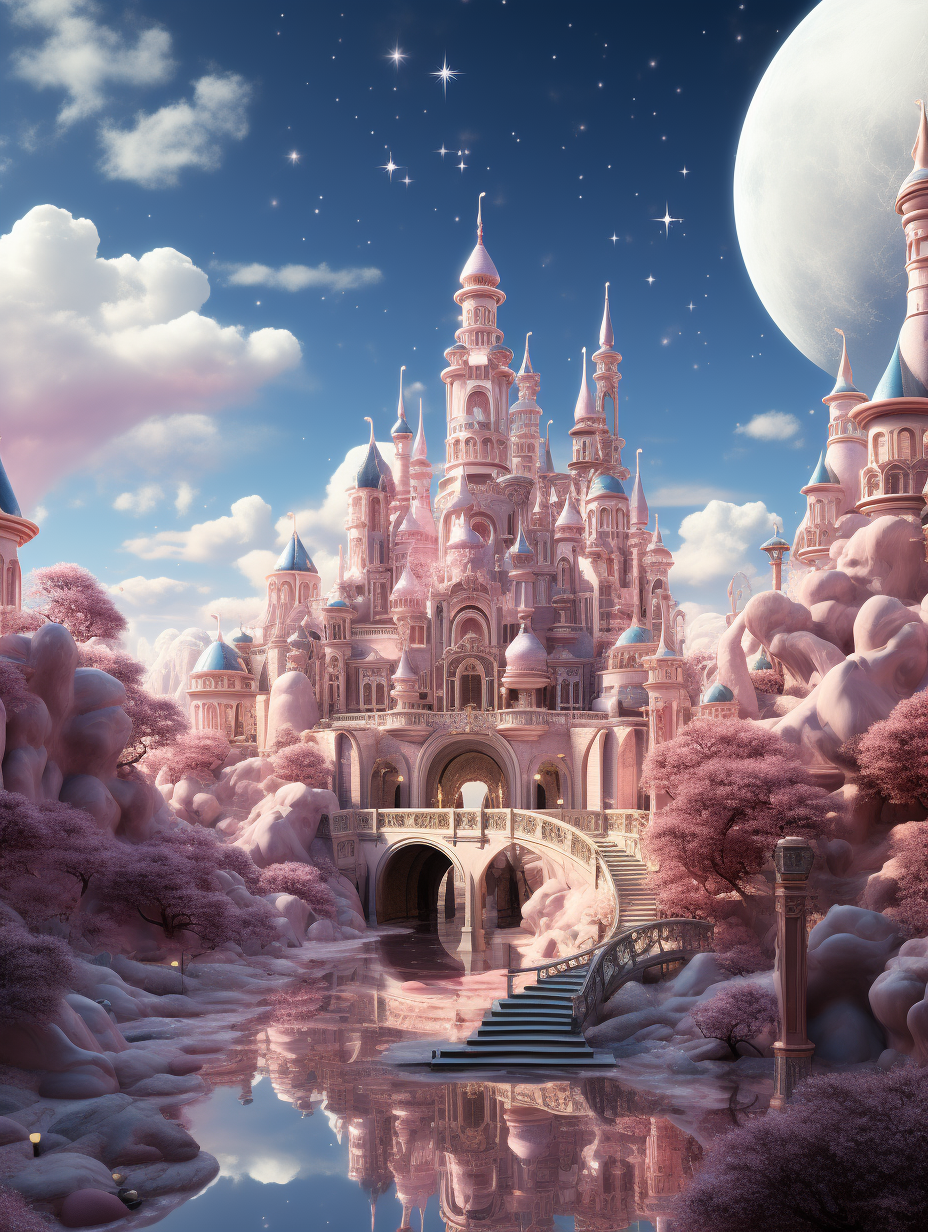 3D digital illustration of an enchanting pink fairytale castle surrounded by soft clouds and shimmering water, with a silver moon in the sky creating a dreamy atmosphere. Magical elements and sparkling stars create a fantasy landscape with vibrant pastel colors in the style of a dreamlike illustration. The high resolution, high quality image has high detail and sharp focus like a studio photo, showing intricate details in a highly detailed and hyperrealistic style with high realism.