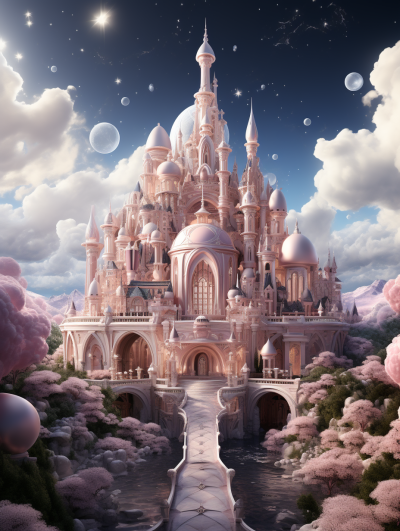 A fairytale castle in the style of Disney, dreamy and magical, surrounded by pink clouds and bubbles, set against an ethereal sky with stars, rendered in high resolution, detailed digital art.