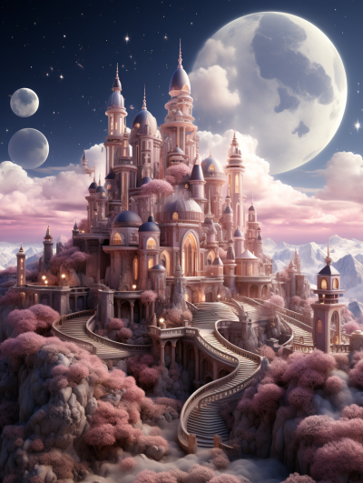 3D render of a fantasy castle with a pink and beige color scheme. The fantasy landscape features a moon in the sky along with magical elements. The fantasy architecture is highly detailed concept art in the digital painting and illustration style of [Greg Rutkowski](https://goo.gl/search?artist%20Greg%20Rutkowski).