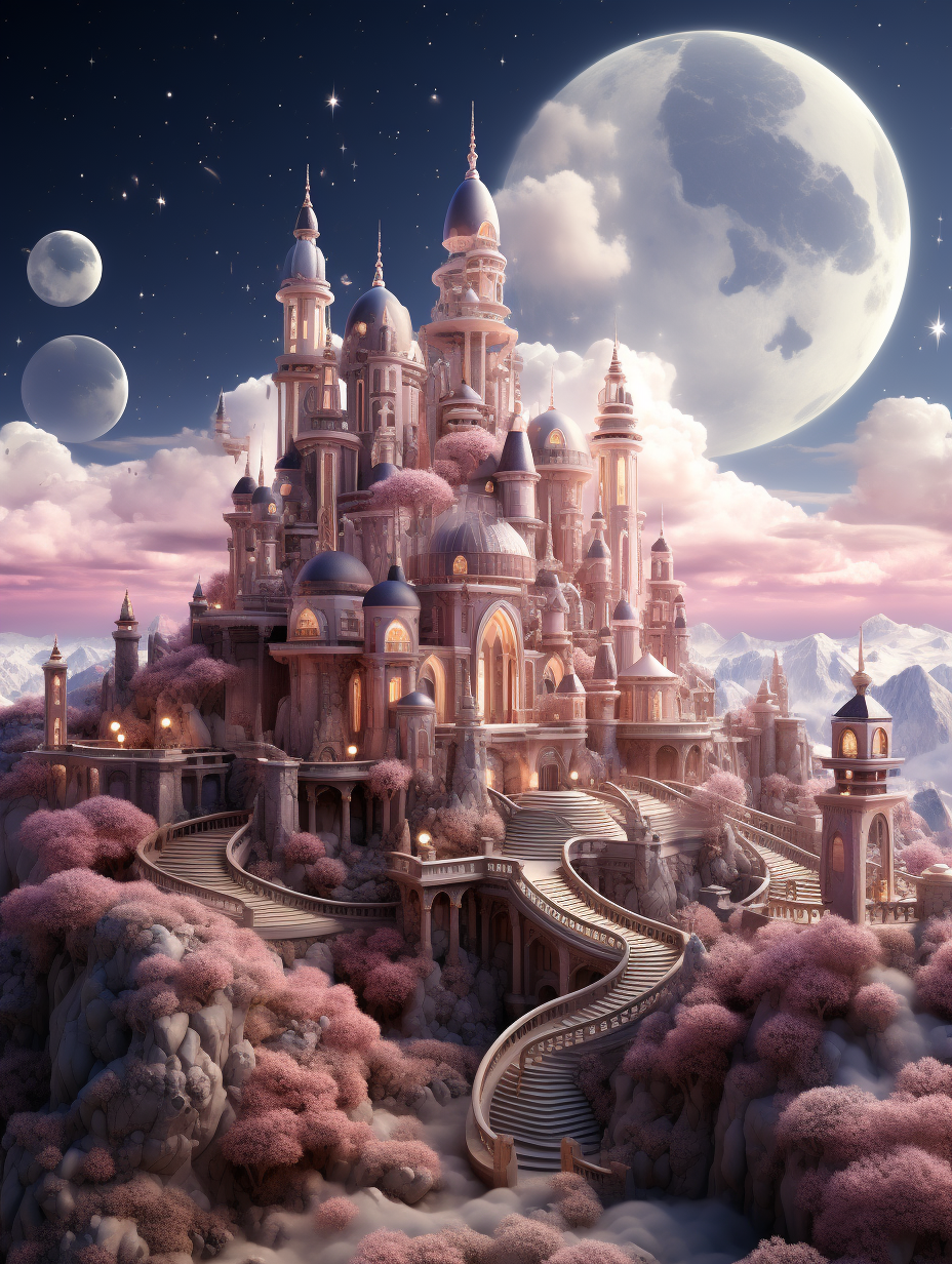 3D render of a fantasy castle with a pink and beige color scheme. The fantasy landscape features a moon in the sky along with magical elements. The fantasy architecture is highly detailed concept art in the digital painting and illustration style of [Greg Rutkowski](https://goo.gl/search?artist%20Greg%20Rutkowski).