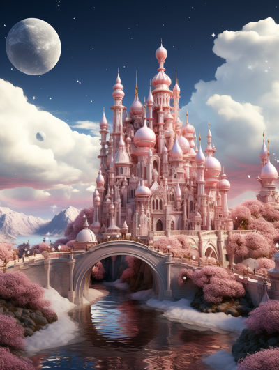 Beautiful fairytale castle made of pink crystals, a bridge over water with clouds and the moon in the background, cherry blossom trees around the base of the building, hyper realistic, high resolution, high definition, very detailed, colorful, vibrant, magical. The castle was created in the style of a fantasy artist.