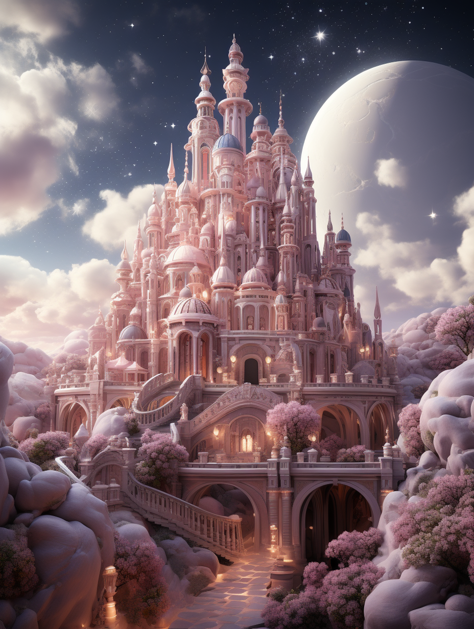 A fairytale castle in the moonlight, surrounded by pink trees and clouds, with a large white planet behind it, in the digital art style, fantasy architecture, dreamy atmosphere, romantic scenery, fantasy cityscape, detailed landscape, fantasy-inspired, magical light effects, high resolution, super realistic, hyper-detailed, intricate details, volumetric lighting, rendered in Octane.