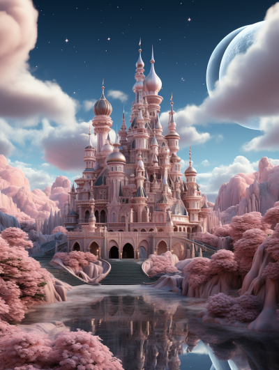 Disney style, cartoon style, pink fantasy castle with large windows and domes surrounded by clouds. Surrounded by peach trees, lake reflection, fantasy background, fantasy planet, planet surface, blue sky, pink moon in the distance. Fantasy architecture, dreamy landscape, romantic atmosphere, magical world with soft lighting. High resolution, highly detailed landscape in the style of a fantasy world.