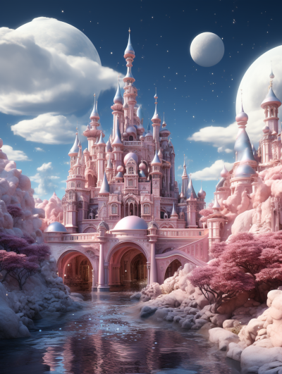 Disney style, cartoon castle, pink and white color scheme, fantasy background, fantasy architecture, fantasy sky with clouds, fantasy river, fantasy garden, fantasy plants on the ground, moon in blue sky, high resolution, bright colors, hyperrealistic, high detail, super detailed, octane render, cinematic light, volumetric lighting, HDR, 3D, high definition