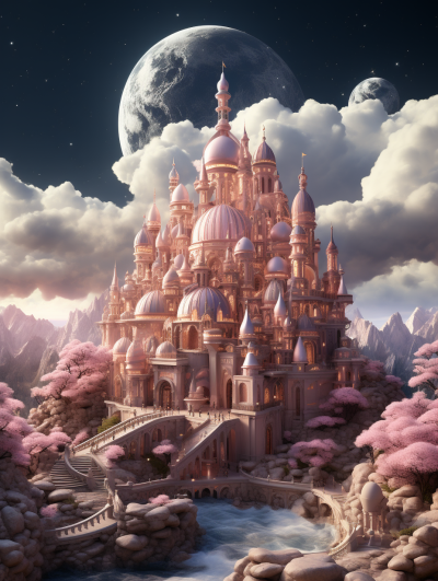 3D render of a cartoon fantasy castle in the sky, with pink and gold colors, surrounded by clouds and cherry blossoms, with a river flowing underneath it. In front is an enchanted forest with giant trees covered in flowers and mushrooms. Above, there is a large moon illuminating everything, creating a magical atmosphere. The architecture features intricate details like domes and towers, with a grand entrance leading to steps that add depth to its structure, in the style of a fantasy artist.