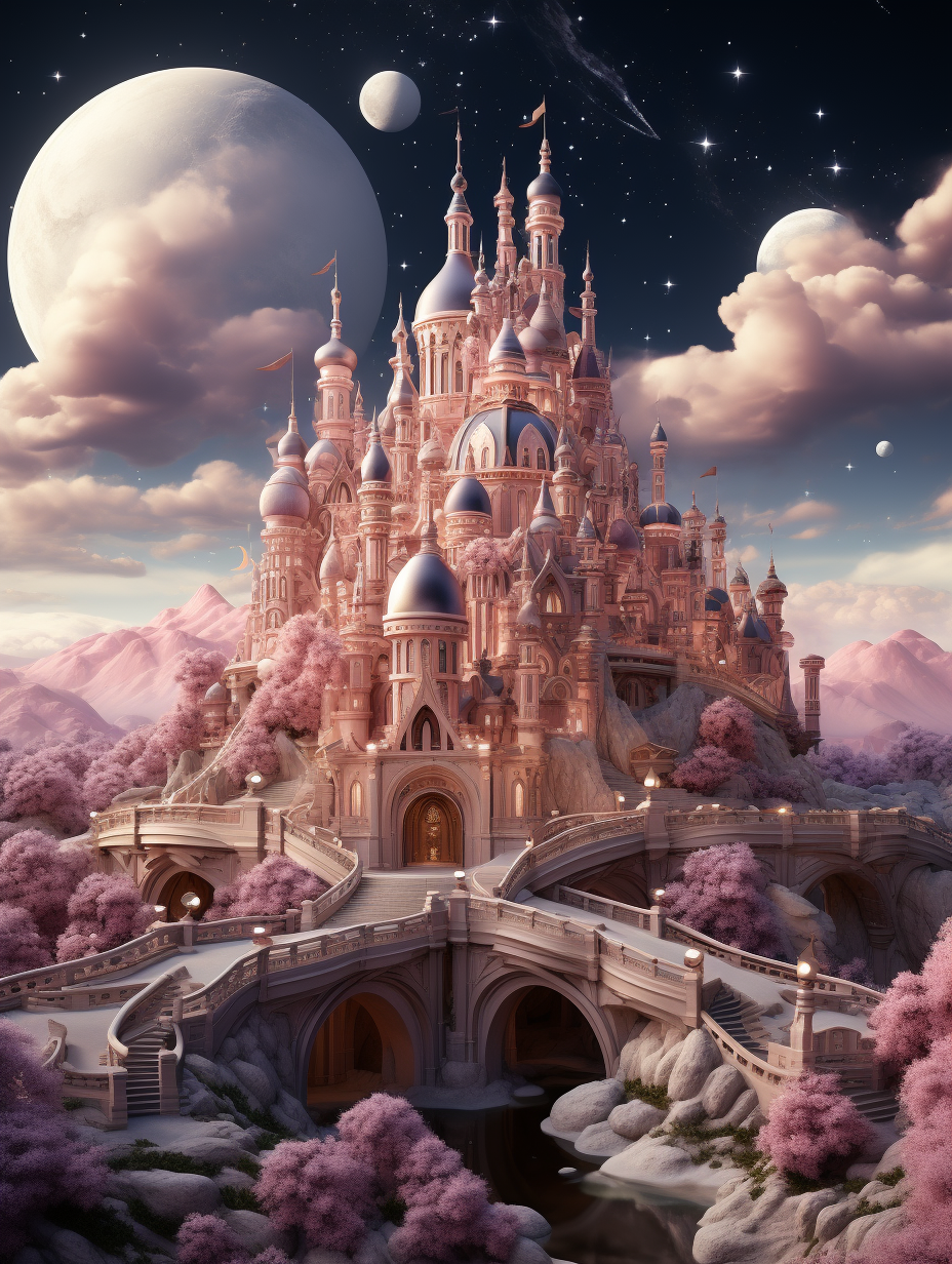 A fairytale castle in the style of Pixar, with large bridges connecting to it and pink trees around it, with a sky full of planets and stars, rendered in a hyper realistic style.