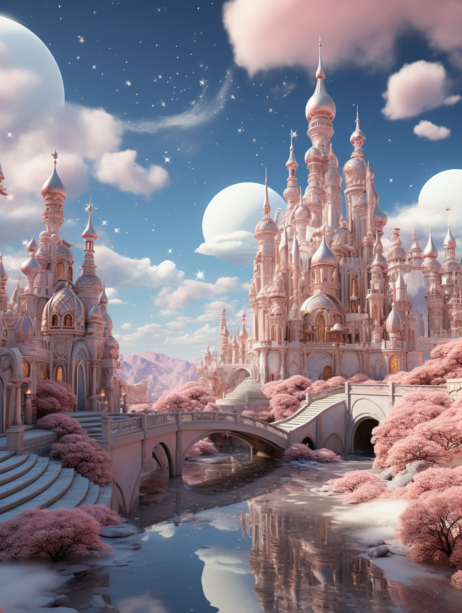 3D render of a fantasy fairytale palace with pink clouds and water reflections in pastel colors, highly detailed, magical and dreamy. A silver moon in the sky above a bridge over a river leading to a castle with towers and whimsical architecture. White buildings and pink trees in a dream world with high definition and sharp focus in a cinematic and hyper realistic style.