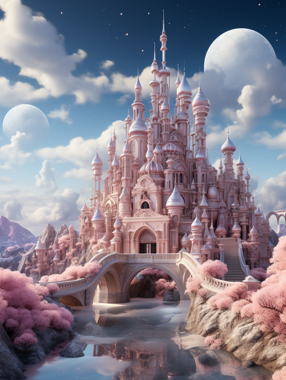 A pink fairytale castle with round towers and bridges, surrounded by clouds, a white moon in the sky, a river flowing under it, a background of pink trees, fantasy, cartoon style, hyperrealistic, octane rendering, 3D, bright colors, digital art, high resolution, very detailed, best quality