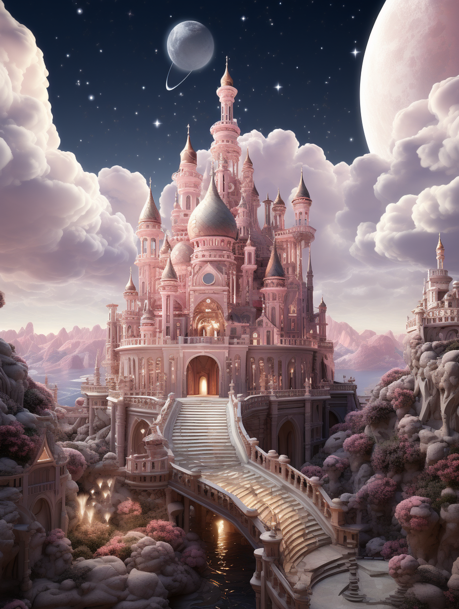 A majestic pink castle with a grand bridge, surrounded by clouds and stars under the glow of an oversized moon. Focus on the face with a fantasy illustration style and romantic atmosphere. Highly detailed foliage with light white and dark gray create a dreamy and magical background. A wide angle shot shows a full body portrait in the style of digital art techniques with vibrant colors at high resolution.