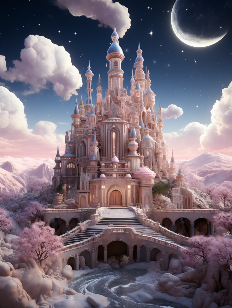 A majestic castle with pink and white architecture, surrounded by soft clouds in the sky, with a crystal river flowing underneath it. The moon hangs high above the scene, casting its gentle glow on everything around. This is an enchanting fantasy world filled with magic and wonder. The artwork was created in the style of focus stacking and cartoon style, with high definition and hyper quality.