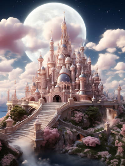 A beautiful and majestic castle surrounded by pink clouds, with an arch bridge leading to the entrance of the palace. The moon is shining brightly in front, creating a dreamy atmosphere. In the style of Disney, the background features white clouds and a sky full of blue tones. There's a sense of grandeur about everything. High resolution, high detail, intricate details, high quality, high definition HDR image.