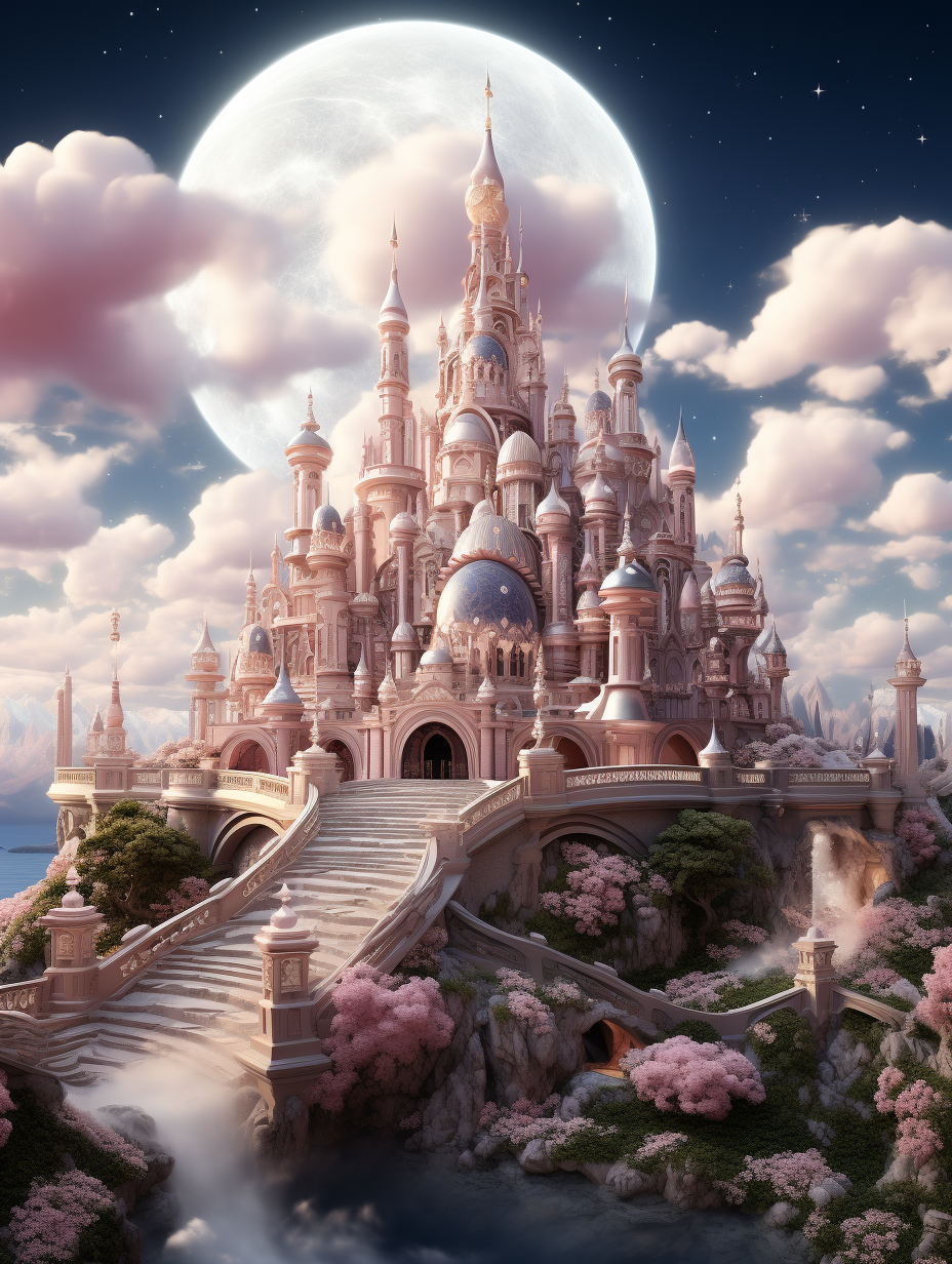 A beautiful and majestic castle surrounded by pink clouds, with an arch bridge leading to the entrance of the palace. The moon is shining brightly in front, creating a dreamy atmosphere. In the style of Disney, the background features white clouds and a sky full of blue tones. There’s a sense of grandeur about everything. High resolution, high detail, intricate details, high quality, high definition HDR image.