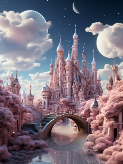 Fantasy landscape with pink and white clouds, fairytale castle in the sky, moonlight shining on it, fantasy style, magical atmosphere, cartoon style, photo realism, high detail, hyperrealism, octane render, bright colors, beautiful lighting, fantastic background, large composition, saturated colors, soft shadows, light pastel shades, fantasy, fantastic architecture, water bridge, bridge to buildings, fantasy landscape, fantasy city,