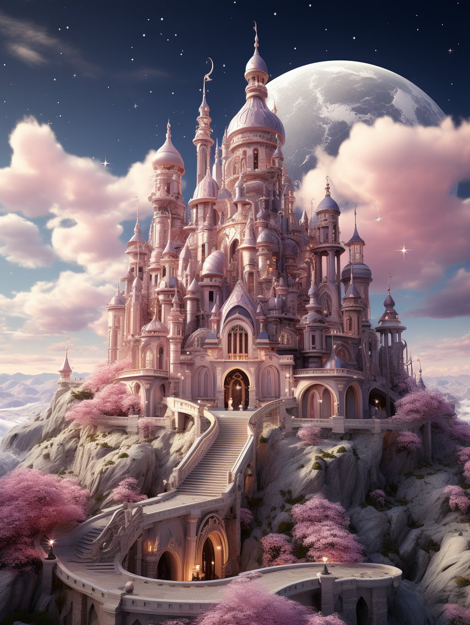 3D render of a cartoon fantasy castle in pink and peach tones, with a moon background, fantasy landscape, fantasy architecture, fantasy sky with clouds, fantasy architecture, pink cherry blossom trees, fantasy castle, in the style of fantasy.