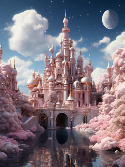 A pink and white palace surrounded by clouds, full of fantasy in the style of a fairy tale, with a blue sky and moonlight. A dreamy castle surrounded by trees with many small flowers, with rivers flowing around the walls in a romantic style. The details were super detailed with high definition photography and super resolution in a surreal style. The rendering technology used Unreal Engine to create the 3D image.