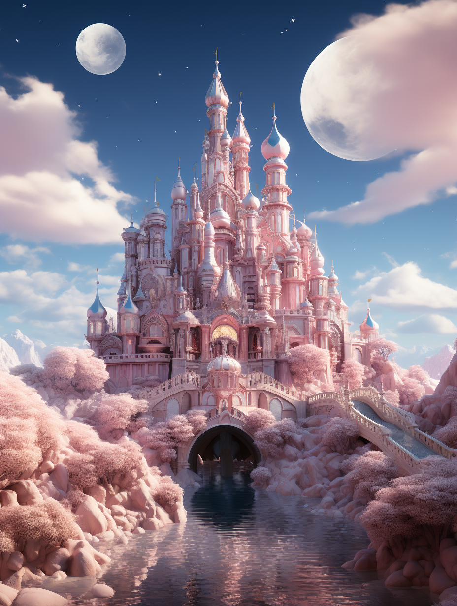 Disney style fantasy world with a pink castle featuring a white moon and clouds surrounded by water. A dreamy landscape includes pink trees under a pink sky, full of details. This high resolution, high quality digital illustration features bright colors and a magical, stunning atmosphere in the style of fantasy.