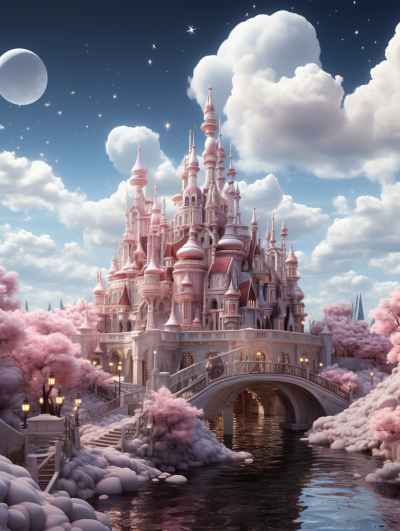 Disney style European castle with white clouds and pink trees on the river bank, pink sky, blue background, white moonlight, dreamy, cartoon style, super detailed, high definition, high resolution, fairy tale scene, front view of building, fantasy architecture surrounded by water.