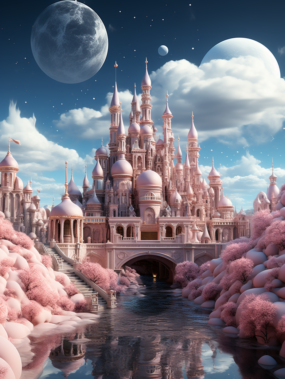 A pink fantasy palace with a silver moon and sky in the background, pastel colors, a blue sky, a fantasy castle with many towers, a water reflection, clouds, pink trees, fantasy architecture, architecture photography, an ultra realistic photo, a high resolution hyperrealistic image in the style of fantasy architecture.