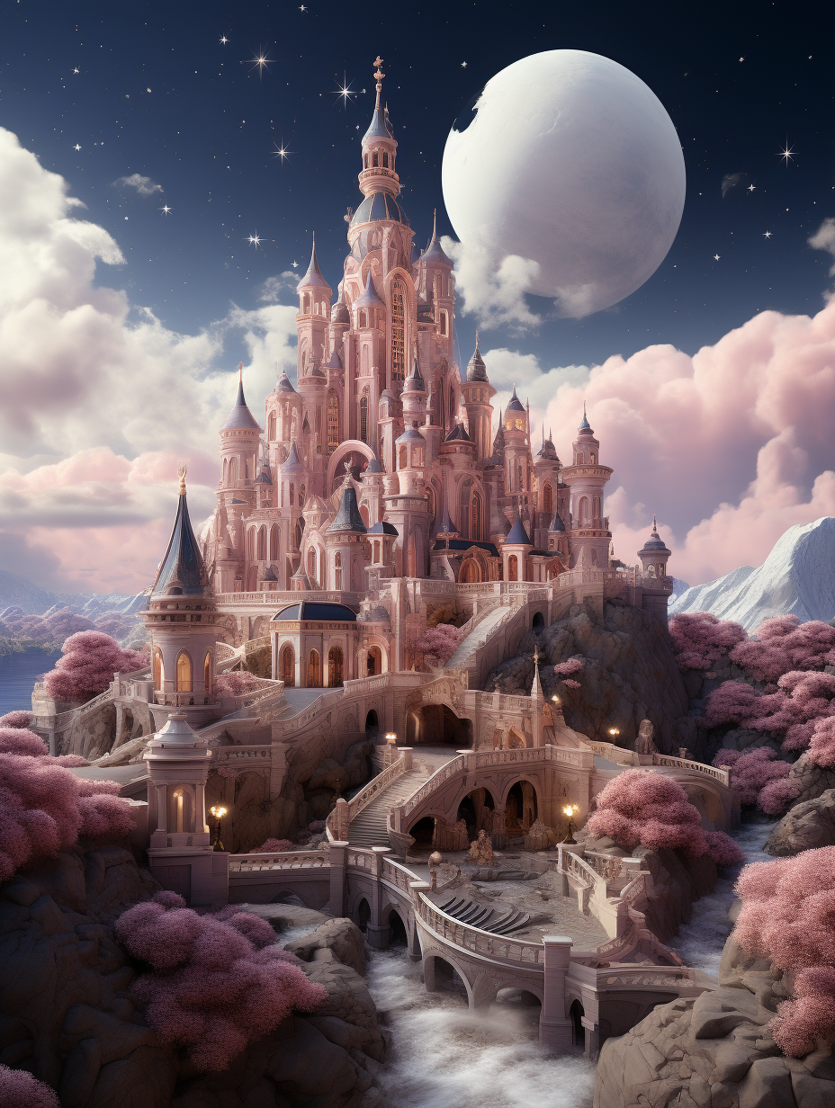 Disney style, pink castle surrounded by peach blossoms and clouds, moon in the sky, fantasy background, dreamy architecture, high definition photography, detailed depiction, high resolution, super realistic details, detailed depiction, in the style of hyperrealistic art.