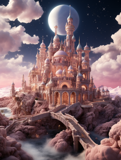 An enchanting castle bathed in the soft glow of moonlight, surrounded by floating clouds and majestic bridges connecting to other castles. The architecture is adorned with intricate details, resembling an elegant palace made from pink crystals. A vibrant blue sky serves as backdrop, while a large full white sun illuminates the scene. This surreal fantasy landscape exudes mystery and magic, focusing on the face.