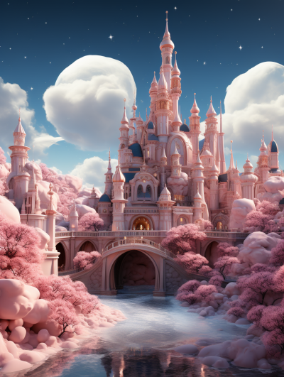 Disney style cartoon castle with pink clouds and flowing water, pink trees, and a fantasy background create a dreamy atmosphere full of vitality. The image is super detailed with high definition and high resolution, featuring bright colors and exquisitely detailed details rendered in 3D. The rendering is of high quality and sharpness, appearing super clear, in the style of OC.