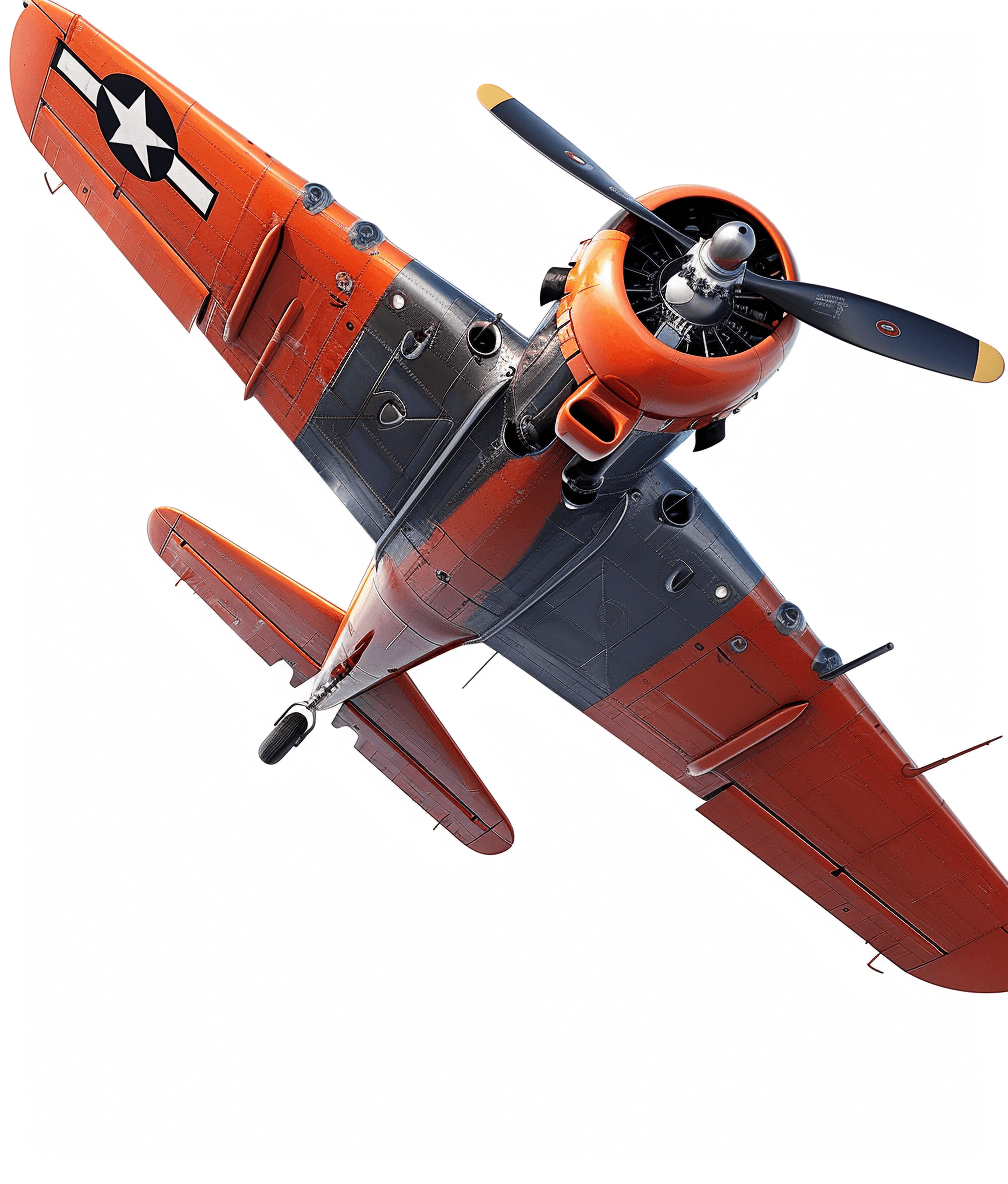 A vintage war plane in orange and navy blue, flying against a white background, in an ultra realistic photographic style.