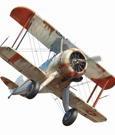 A realistic rendering of an old biplane with white background, high resolution, high detail, natural lighting, wide angle lens, photorealistic techniques, isolated on the ground, photorealism, full body shot, hyperrealist, no text or letters in picture, no lettering, no writing, no inscription