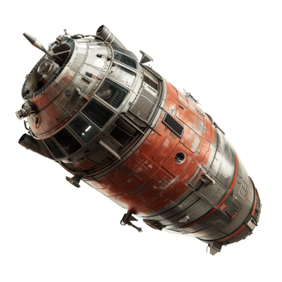 A realistic cinematic shot of an old rusty spaceship, floating in the air, seen from above against a white background. The 3D rendered spaceship is in sharp focus with intricate details and is highly detailed, illuminated by ambient light.