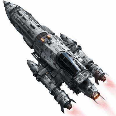 A spaceship with two wings and multiple engines, in a scifi style, on a white background, in the vector art style, in the style of Star Wars, a spaceship flying in the air, with a grey color palette, futuristic, high resolution, with hyper realistic details, with sharp focus, high dynamic range, rendered with Octane, photorealistic, in PNG format.