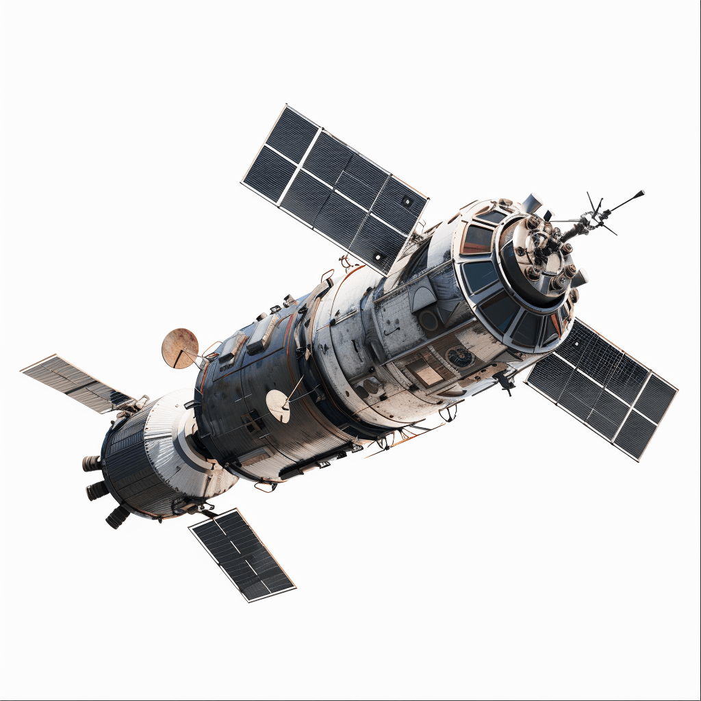 russian space station with solar panels, floating in the air, white background, top view, photorealistic, high resolution photography