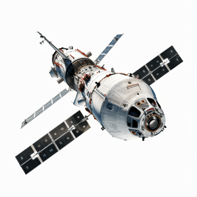 Realistic photograph of complete Chinese Tiangong Space Station isolated, solid stark white background, focused lighting