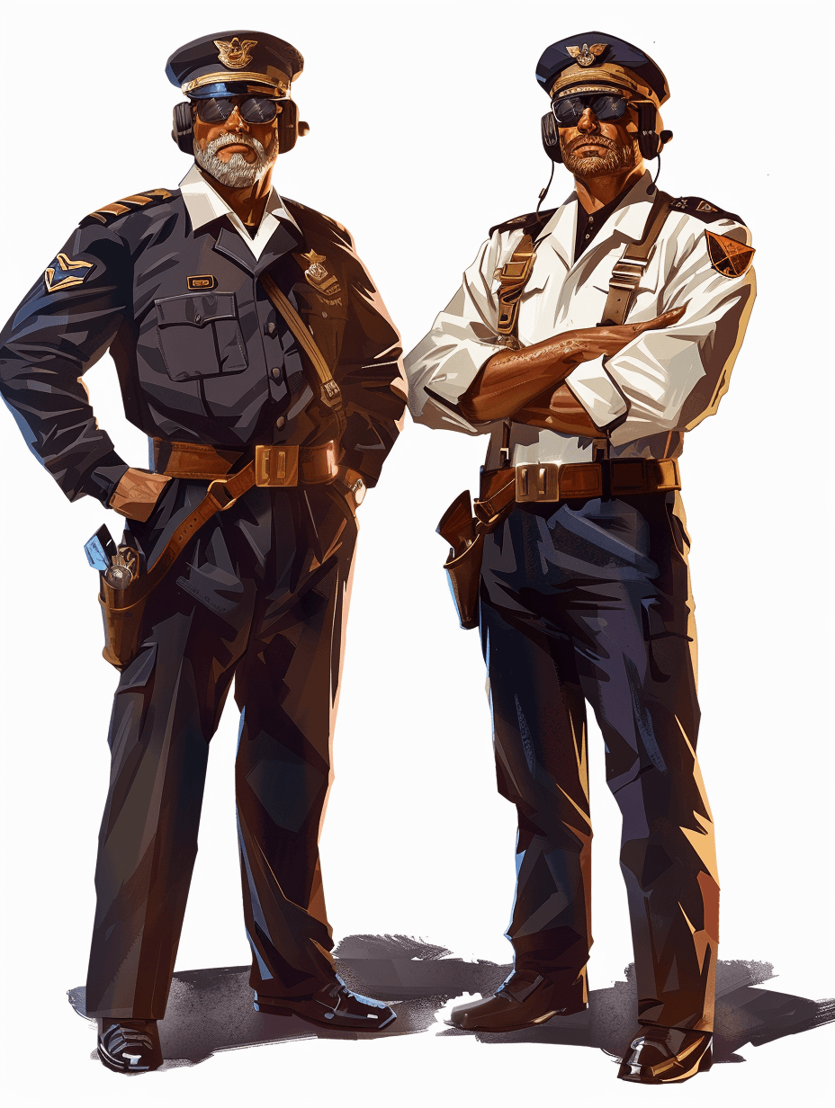 Two security guards standing, vector graphics, white background, detailed illustration, high resolution, professional digital art, Pings delicious food advertising, full body, full of details, portrait, black and dark blue , realistic illustration style, high quality, high detail, white uniform background, white shirt with badge on the left chest, solid color pants, sunglasses, muscular man in his thirties wearing glasses and grey hair is also depicted.