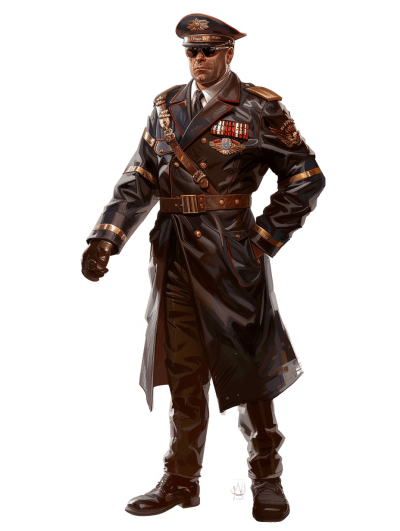 full body shot of an old World War II officer, dark brown uniform with coat and aviator sunglasses, concept art digital painting in the style of [Greg Rutkowski](https://goo.gl/search?artist%20Greg%20Rutkowski), white background, full length view of the full character