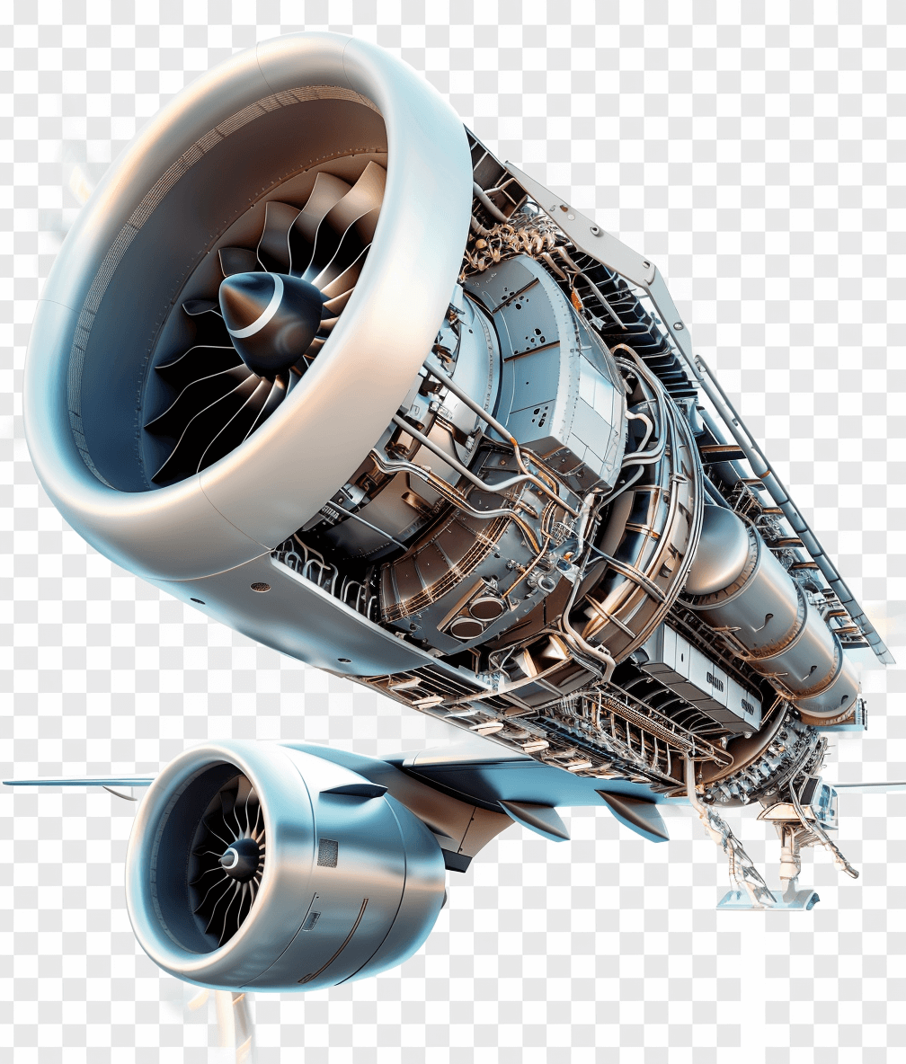 An airplane engine with detailed internal structure, transparent background PNG file.